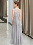 Genevieve A-Line Scoop Neck Floor-Length Chiffon Lace Junior Bridesmaid Dress STKP0013333