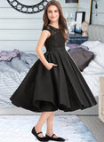 Alena A-Line Scoop Neck Knee-Length Satin Lace Junior Bridesmaid Dress With Pockets STKP0013335