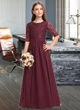 Tania A-Line Scoop Neck Floor-Length Chiffon Lace Junior Bridesmaid Dress STKP0013336