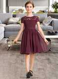 Sadie A-Line Scoop Neck Knee-Length Chiffon Lace Junior Bridesmaid Dress With Bow(s) STKP0013339