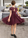 Sadie A-Line Scoop Neck Knee-Length Chiffon Lace Junior Bridesmaid Dress With Bow(s) STKP0013339