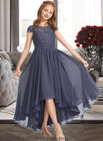 Susanna A-Line Scoop Neck Asymmetrical Chiffon Lace Junior Bridesmaid Dress STKP0013341