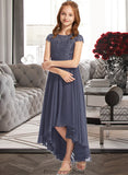 Susanna A-Line Scoop Neck Asymmetrical Chiffon Lace Junior Bridesmaid Dress STKP0013341