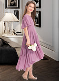 Madalyn A-Line V-neck Asymmetrical Chiffon Junior Bridesmaid Dress With Cascading Ruffles STKP0013342