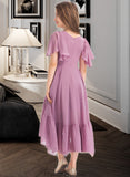 Madalyn A-Line V-neck Asymmetrical Chiffon Junior Bridesmaid Dress With Cascading Ruffles STKP0013342