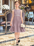 Mya A-Line Scoop Neck Knee-Length Chiffon Lace Junior Bridesmaid Dress With Beading Bow(s) STKP0013344