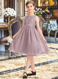 Mya A-Line Scoop Neck Knee-Length Chiffon Lace Junior Bridesmaid Dress With Beading Bow(s) STKP0013344