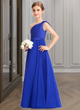 Precious A-Line One-Shoulder Floor-Length Chiffon Charmeuse Junior Bridesmaid Dress With Ruffle STKP0013347