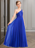 Precious A-Line One-Shoulder Floor-Length Chiffon Charmeuse Junior Bridesmaid Dress With Ruffle STKP0013347