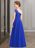 Precious A-Line One-Shoulder Floor-Length Chiffon Charmeuse Junior Bridesmaid Dress With Ruffle STKP0013347