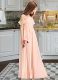 Fernanda A-Line V-neck Floor-Length Chiffon Junior Bridesmaid Dress With Ruffle Bow(s) STKP0013349