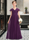 Nina A-Line V-neck Floor-Length Chiffon Junior Bridesmaid Dress With Bow(s) Cascading Ruffles STKP0013355