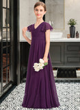 Nina A-Line V-neck Floor-Length Chiffon Junior Bridesmaid Dress With Bow(s) Cascading Ruffles STKP0013355