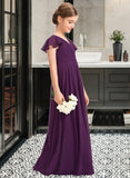 Nina A-Line V-neck Floor-Length Chiffon Junior Bridesmaid Dress With Bow(s) Cascading Ruffles STKP0013355