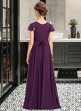 Nina A-Line V-neck Floor-Length Chiffon Junior Bridesmaid Dress With Bow(s) Cascading Ruffles STKP0013355