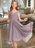 Phoenix A-Line V-neck Knee-Length Chiffon Lace Junior Bridesmaid Dress With Ruffle STKP0013358