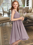 Phoenix A-Line V-neck Knee-Length Chiffon Lace Junior Bridesmaid Dress With Ruffle STKP0013358