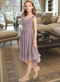 Phoenix A-Line V-neck Knee-Length Chiffon Lace Junior Bridesmaid Dress With Ruffle STKP0013358