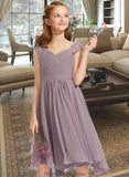 Phoenix A-Line V-neck Knee-Length Chiffon Lace Junior Bridesmaid Dress With Ruffle STKP0013358