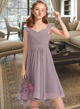 Phoenix A-Line V-neck Knee-Length Chiffon Lace Junior Bridesmaid Dress With Ruffle STKP0013358