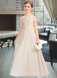 Isabela A-Line Scoop Neck Floor-Length Chiffon Lace Junior Bridesmaid Dress With Ruffle STKP0013360