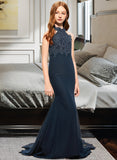 Jazlyn Trumpet/Mermaid Scoop Neck Sweep Train Chiffon Lace Junior Bridesmaid Dress STKP0013364