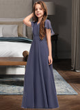 Teagan A-Line V-neck Floor-Length Chiffon Junior Bridesmaid Dress With Ruffle Bow(s) STKP0013369