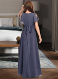 Teagan A-Line V-neck Floor-Length Chiffon Junior Bridesmaid Dress With Ruffle Bow(s) STKP0013369