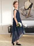 Leilani A-Line Scoop Neck Asymmetrical Chiffon Lace Junior Bridesmaid Dress With Bow(s) Cascading Ruffles STKP0013373