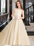 Deborah Ball-Gown/Princess Scoop Neck Floor-Length Satin Lace Junior Bridesmaid Dress STKP0013374