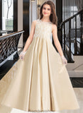 Deborah Ball-Gown/Princess Scoop Neck Floor-Length Satin Lace Junior Bridesmaid Dress STKP0013374