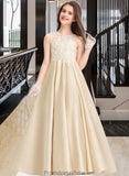 Deborah Ball-Gown/Princess Scoop Neck Floor-Length Satin Lace Junior Bridesmaid Dress STKP0013374