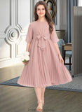 Maisie A-Line Scoop Neck Knee-Length Chiffon Junior Bridesmaid Dress With Bow(s) Pleated STKP0013377