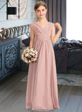 Gracie A-Line V-neck Floor-Length Chiffon Junior Bridesmaid Dress With Ruffle Bow(s) STKP0013378