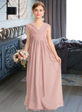 Gracie A-Line V-neck Floor-Length Chiffon Junior Bridesmaid Dress With Ruffle Bow(s) STKP0013378