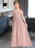 Gracie A-Line V-neck Floor-Length Chiffon Junior Bridesmaid Dress With Ruffle Bow(s) STKP0013378