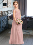 Gracie A-Line V-neck Floor-Length Chiffon Junior Bridesmaid Dress With Ruffle Bow(s) STKP0013378