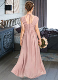 Gracie A-Line V-neck Floor-Length Chiffon Junior Bridesmaid Dress With Ruffle Bow(s) STKP0013378