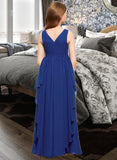 Amaya A-Line V-neck Floor-Length Chiffon Junior Bridesmaid Dress With Cascading Ruffles STKP0013381