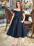 Xiomara A-Line Off-the-Shoulder Tea-Length Satin Junior Bridesmaid Dress With Ruffle Pockets STKP0013383