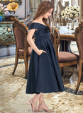 Xiomara A-Line Off-the-Shoulder Tea-Length Satin Junior Bridesmaid Dress With Ruffle Pockets STKP0013383