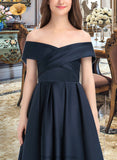 Xiomara A-Line Off-the-Shoulder Tea-Length Satin Junior Bridesmaid Dress With Ruffle Pockets STKP0013383