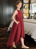 Emilia A-Line Scoop Neck Asymmetrical Satin Junior Bridesmaid Dress With Ruffle Pockets STKP0013385