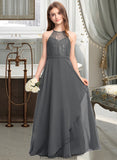 Tatum A-Line Scoop Neck Floor-Length Chiffon Lace Junior Bridesmaid Dress With Cascading Ruffles STKP0013389