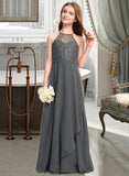 Tatum A-Line Scoop Neck Floor-Length Chiffon Lace Junior Bridesmaid Dress With Cascading Ruffles STKP0013389