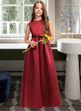 Aleena A-Line Scoop Neck Floor-Length Satin Junior Bridesmaid Dress With Bow(s) Pockets STKP0013391