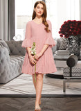 Meg A-Line V-neck Knee-Length Chiffon Junior Bridesmaid Dress With Cascading Ruffles STKP0013396