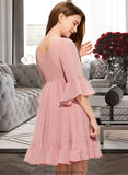 Meg A-Line V-neck Knee-Length Chiffon Junior Bridesmaid Dress With Cascading Ruffles STKP0013396