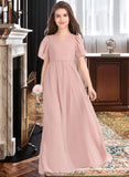 Maddison A-Line V-neck Floor-Length Chiffon Junior Bridesmaid Dress With Bow(s) STKP0013399