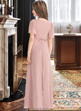 Maddison A-Line V-neck Floor-Length Chiffon Junior Bridesmaid Dress With Bow(s) STKP0013399